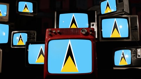 Flag of Saint Lucia and Vintage Televisions. 4K Resolution.