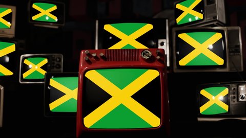 Flag of Jamaica and Vintage Televisions. 4K Resolution.