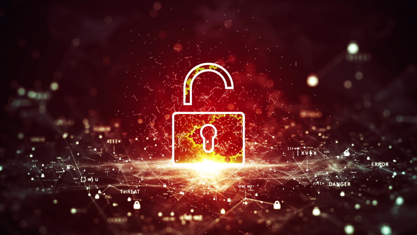 cybersecurity data protection technology concept There is a large padlock in the middle with a dark blue background. And the security system is attacked, destroyed, unlocked with a red background. - Powered by Shutterstock - Get 15% off with code: PIKWIZARD15