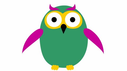 Animated funny green owl flies. Looped video. Vector illustration isolated on a white background.