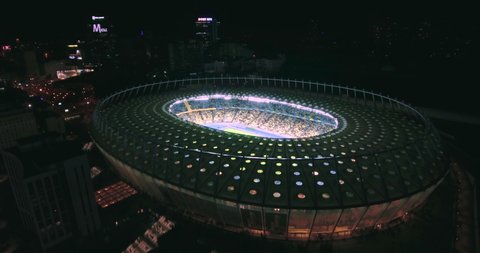 Stadium Olympic Kiev. Ukraine, 9. October. 2017. Football stadium at night aerial view. Football World Cup between the Ukraine-Croatia national team. 