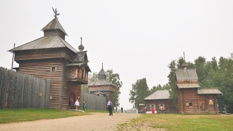 Irkutsk, Russia - August 21 , 2021: Irkutsk architectural and ethnographic Museum Taltsy . The Spasskaya Saviour tower iof Ilimsk stockaded town, 1667, the selo of Taltsy, Irkutsk oblast, Russia