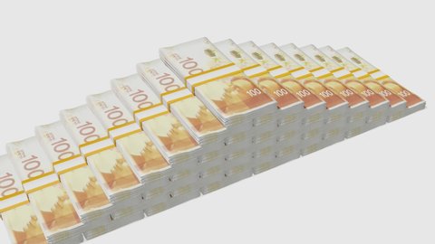Many wads of money. 100 Israeli Shekel banknotes. Stacks of money. Financial and business concept. 