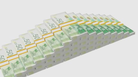 Many wads of money. 50 Israeli Shekel banknotes. Stacks of money. Financial and business concept.