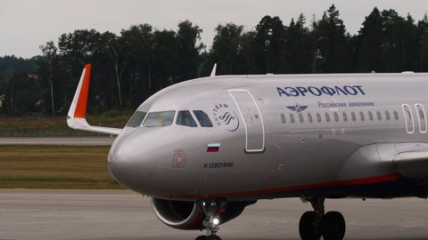 MOSCOW, RUSSIAN FEDERATION - JULY 29, 2021: Airbus A320 of Aeroflot taxiing on the airfield at Sheremetyevo International Airport (SVO). Airplane turn. Tourism and travel concept