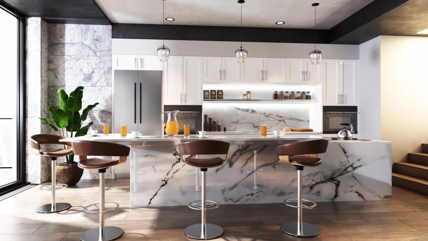 Contemporary interior design of the kitchen. Stylish interior of the kitchen dining breakfast room. 3d visualization | Shutterstock HD Video #1089865033