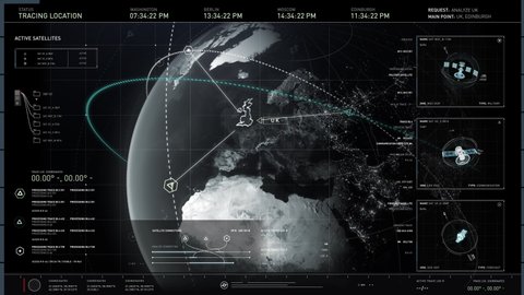 Futuristic Scanning Interface Connects To Three Satellites Showing Live Feed Of Edinburgh In UK. Futuristic Scanning System For Earth Surveillance. Modern Futuristic Scanning System Software Scan
