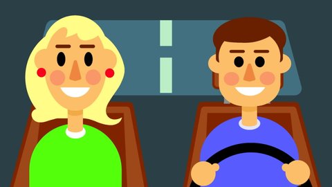 A man and a woman are riding in a car close-up in the cabin. Looped animation with drawn characters, flat illustration.