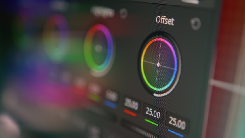 Close-up of color grading. Postproduction of video or photo. Photo and video editing software. Working with a ring Offset. lens blure. HDRI Royalty-Free Stock Footage #1089867413
