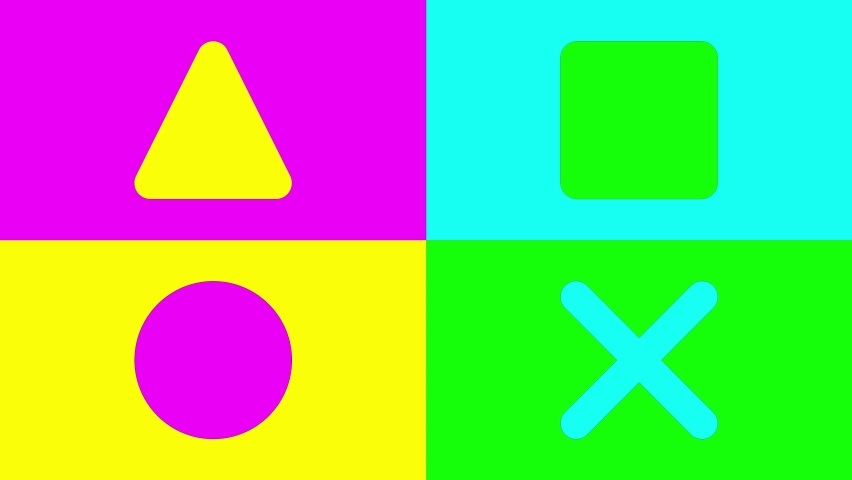 Acid moving styled with azure green pink yellow figures on changed colored background. Colored crosses squares triangles circles. Stop motion animation. Gif Game console. Abstract geometric shapes.