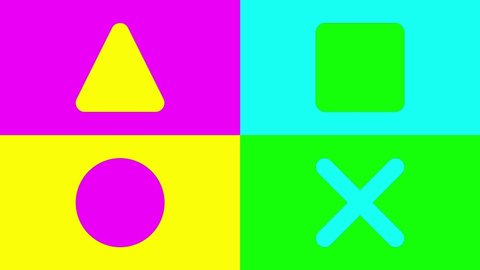 Acid moving styled with azure green pink yellow figures on changed colored background. Colored crosses squares triangles circles. Stop motion animation. Gif Game console. Abstract geometric shapes.