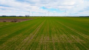 Field of wind turbines farm generating green electricity. Drone shoots video of energy saving and concept of alternative power source