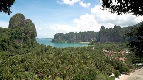 Landscape aerial view of Railay Beach white sand and blue sea with limestone in Railay Ao nang Krabi Thailand - sunny day summer