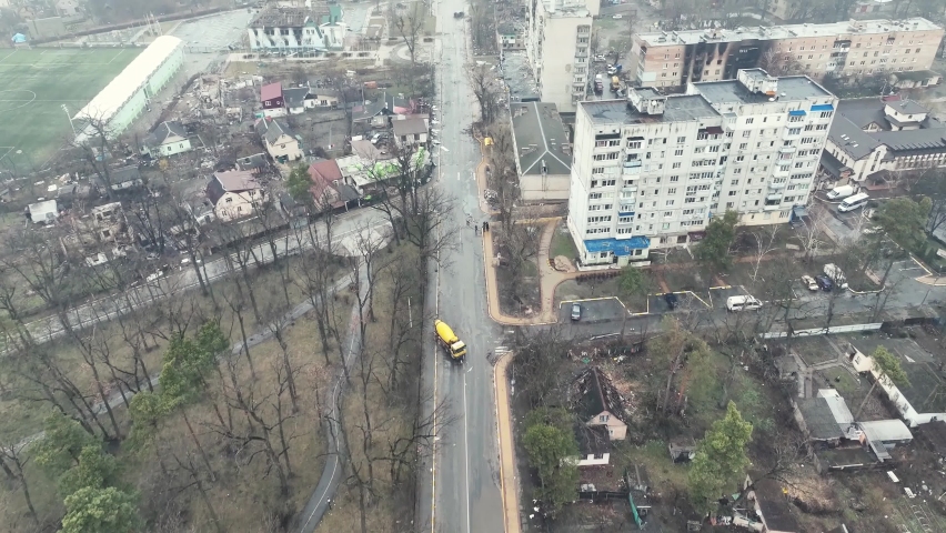 Ukraine war. Bombed Ukrainian city.  Destroyed civilian buildings.