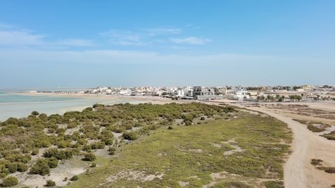 Al Khor, Qatar: Aerial view of coastal resort city Al Khor (Al Khawr) - landscape panorama of Arabian Peninsula from above, West Asia