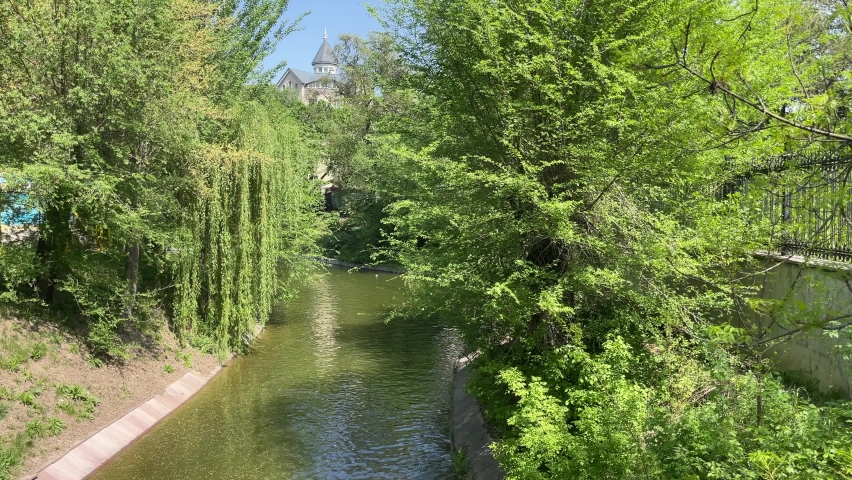 Iridescent water in the pond of the city park