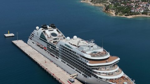 Cruise Ship in the Cesme Marina Drone Video, Cesme Izmir Turkey