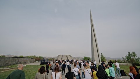 Armenia, Yerevan, The Armenian Genocide Memorial, April 24, 2022 -Low angle stabilized shot of thousands of people going to commemorate the victims of Armenian Genocide