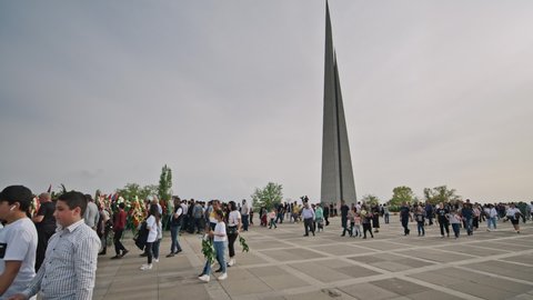 Armenia, Yerevan, The Armenian Genocide Memorial, April 24, 2022 -Thousands of people going to commemorate the victims of Armenian Genocide. Panorama from right to left