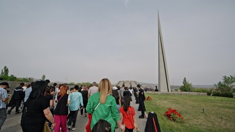 Armenia, Yerevan, The Armenian Genocide Memorial, April 24, 2022 -Wide shot of thousands of people going to commemorate the victims of Armenian Genocide