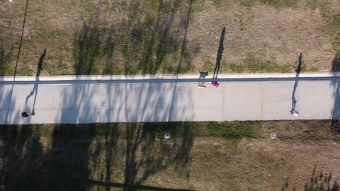 aerial view of a paved road with people running and walking with the dog