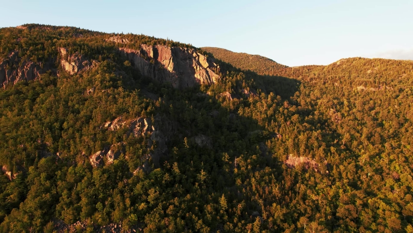 Adirondack Mountain Peak Cliff At Sunset. Travel Destination Golden Hour.