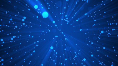 Animated background with slowly falling particles that are illuminated by light and the resulting rays. Abstract scene for design. Blue color. Particles slowly move towards a meeting