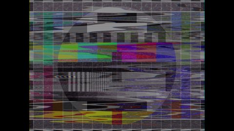 Test pattern from a tv transmission with colorful bars. VHS effects during test rendering of the old tv. SMPTE color stripe technical problems and retro tv screen flickering.