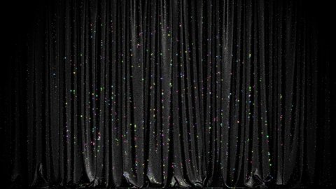 Realistic 3D animation of the super dark black textured curtain covered with colorful glittering confetti rendered in UHD with alpha matte