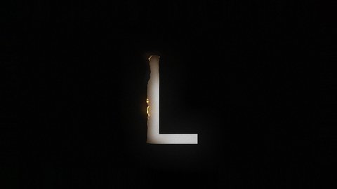 The letter L smolders and burns on a black background, the letter burns