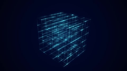 Digital blockchain concept and data transfer system. Abstract wireframe cube whith connection dots and lines. Storage cells of datas. 3d rendering.