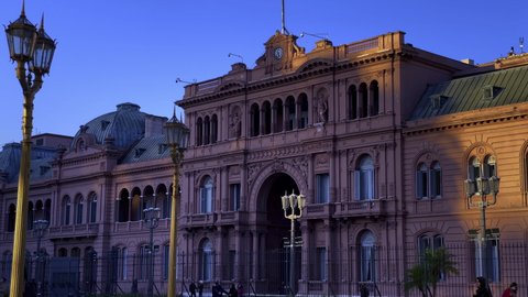 Buenos Aires, Argentina - April 2022: Casa Rosada, the Presidential Palace on Plaza de Mayo at Sunset, Buenos Aires, Argentina. 4K Resolution.