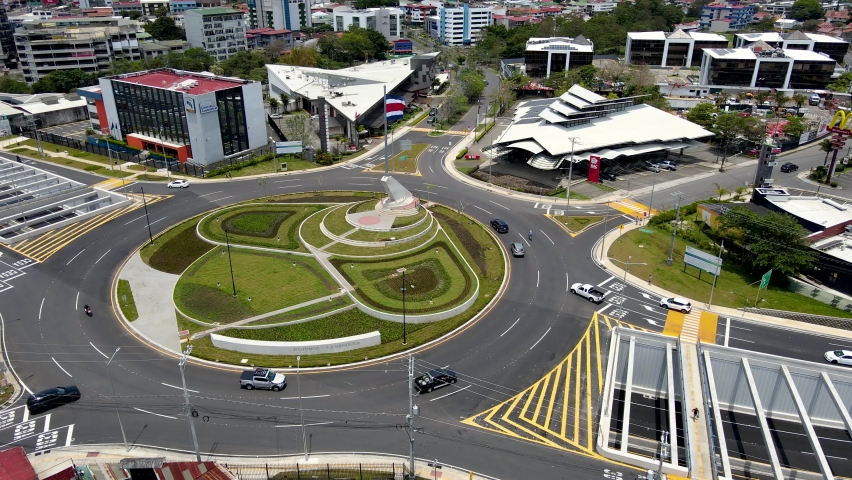 Beautiful cinematic aerial footage of the new Flag roundabout in Costa Rica, Rotonda de la bandera, un San José