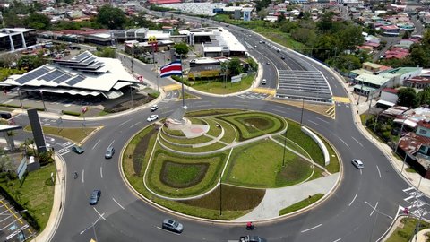 Beautiful cinematic aerial footage of the new Flag roundabout in Costa Rica, Rotonda de la bandera, un San José