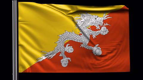 Bhutan flag waving in the wind. Looped video with a transparent background (ProRes with Alpha channel)
