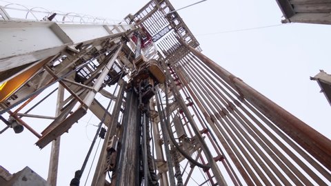 Oil and gas industry. Work of oil pump jack on a oil field. Wide Angle. Drilling rig in oil field for drilled into subsurface in order to produced crude, inside view. Petroleum Industry.