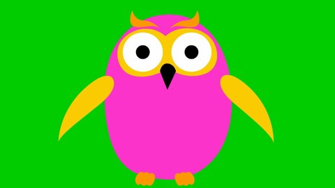 Animated funny pink owl flies. Looped video. Vector illustration isolated on a green background.