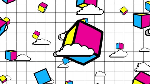 Cubes cartoon 3d CMYK color flying with linear doodle black outline animation rotation isolated. Sky and clouds one minute 30 fps version. Seamless loop motion design background.