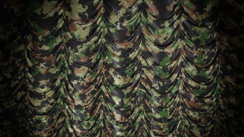 Realistic 3D animation of the camouflage pattern textured theater stage Austrian curtain rendered in UHD with alpha matte