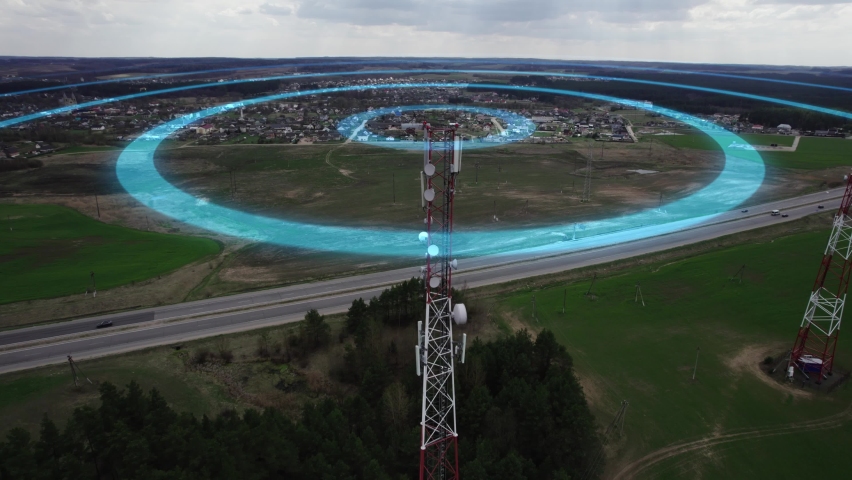 Radio signal from the cellular antenna spreads in all directions. Visualization of radio waves transmitted by a radio tower. Concept of wireless communication, data transmission, 5G,. High quality 4k