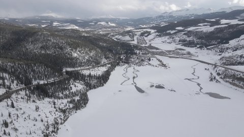 Keystone Ski Resort, Colorado USA, Aerial View of Frozen Dillon Lake and Cold Winter Scenery, Drone Shot