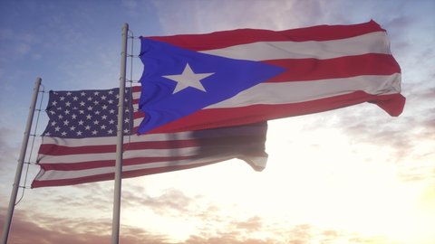 Puerto Rico and United States flag on flagpole. Puerto Rico and USA waving flag in wind. Puerto Rico and United States diplomatic concept