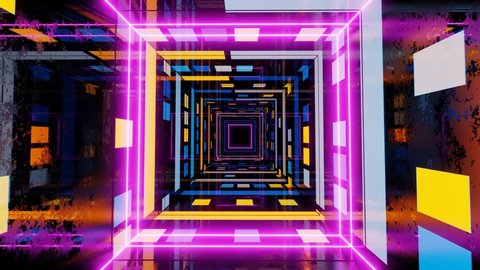 Rainbow colors. Fly through mirror tunnel with neon pattern, glow lines form sci fi pattern. Bright reflection neon light. Simple bright background, sci fi structure. 4k seamless looped animation.