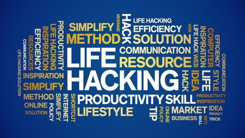 Life Hacking animated tag word cloud,text design animation kinetic typography seamless loop. 