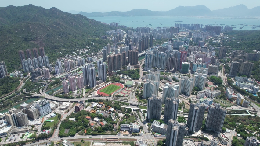 Countryside with housing construction project and land development in Siu Hong, Hung Shui Kiu, Yuen Long, Tuen Mun, New Territories Drone aerial Top view of Hong Kong city land