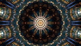 Golden colour shapes and patterns emitting from the center. VJ loops, fractal animation, Abstract fractal flower, Abstract kaleidoscope background.