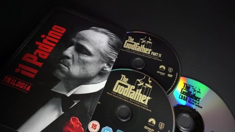Rome, Italy - May 04, 2022, detail of the cover and DVDs of the film The Godfather, directed by Francis Ford Coppola, the first film in the trilogy of the same name by the director himself.