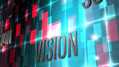 Abstract 3D Text motion word of Strategy Vision Mission Solution with red blue digital motion futuristic matrix light effect Futuristic neon background, 