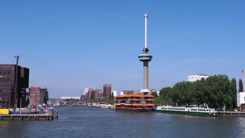 Rotterdam, Netherlands - April 28, 2022: Euromast is an observation tower in Rotterdam, Netherlands, designed by Hugh Maaskant constructed between 1958 and 1960.