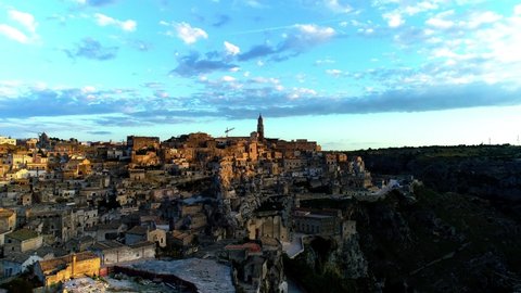 
Aerial sunrise view of the city of Matera, famous for the stones of Matera.
Located in Basilicata, in Southern Italy